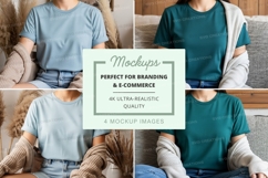 Woman wearing blank t-shirt mockup on couch Product Image 1