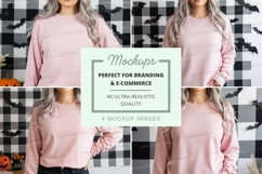 Woman pink sweatshirt mockup checkered background fall Product Image 1