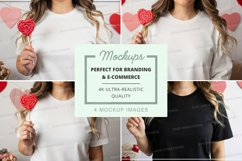 Woman holding red rose mockup on hearts background Product Image 1