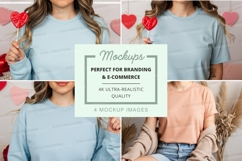 Woman holding heart mockup in pastel pink studio background Product Image 1