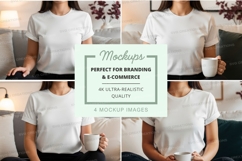 Woman white t-shirt mockup holding coffee cup at home Product Image 1