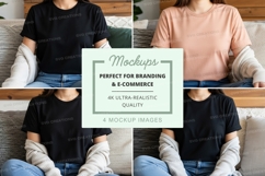 Woman wearing black t-shirt mockup on couch minimalist lifes Product Image 1