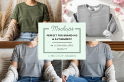 Woman wearing casual crop top mockup on bed with flowers Product Image 1