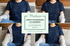Woman wearing mockup black t-shirt on couch lifestyle displa Product Image 1