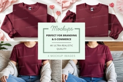 Woman wearing burgundy t-shirt mockup on couch floral backgr Product Image 1