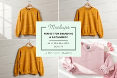 Mustard yellow sweater mockup on hanger and bed Product Image 1