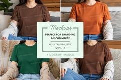 Woman wearing crop top mockup on couch lifestyle minimalist Product Image 1