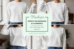 Woman wearing blank white sweatshirt mockup indoor lifestyle Product Image 1