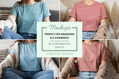 Woman casual t-shirt mockup on couch lifestyle Product Image 1