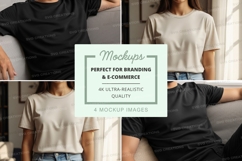 Woman wearing blank t-shirt mockup on couch minimalist lifes Product Image 1