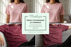 Woman wearing pink t-shirt mockup on sofa minimal background Product Image 1