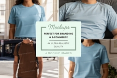 Blank t-shirt mockup on diverse models walking outdoors Product Image 1