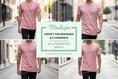 Pink t-shirt mockup walking urban street scene Product Image 1