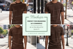 Blank brown t-shirt mockup walking urban street view Product Image 1