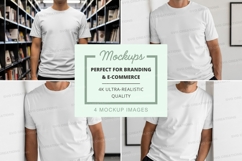 White t-shirt mockup on man in library minimalist design Product Image 1