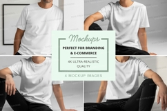 White t-shirt mockup man sitting casual poses studio Product Image 1
