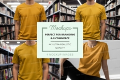 Man in yellow t-shirt mockup library background reading Product Image 1