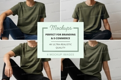 Man in green t-shirt mockup sitting poses white background Product Image 1