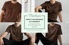 Man in brown t-shirt mockup poses casual lifestyle studio Product Image 1