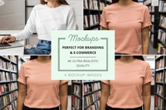Woman t-shirt mockup library bookshelf lifestyle design Product Image 1