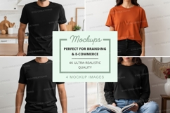 Black t-shirt mockup on woman reading book at home Product Image 1