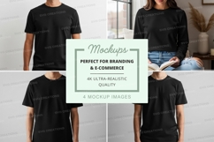 Black t-shirt mockup on mannequin and woman reading jeans Product Image 1