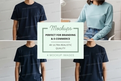 Blank black t-shirt mockup on woman and man minimal white ba Product Image 1