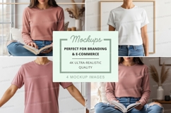 Woman reading book mockup on white t-shirt lifestyle Product Image 1