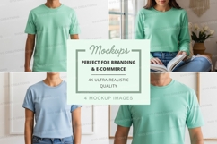 Green t-shirt mockup on person reading book at home Product Image 1