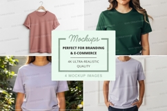 Woman wearing blank tshirt mockup on hanger white wall Product Image 1