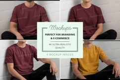 Man in burgundy t-shirt mockup sitting cross legged studio Product Image 1