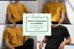 Man in yellow t-shirt mockup on bench minimal design Product Image 1