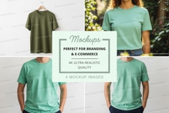 Green t-shirt mockup on hanger and model outdoor casual Product Image 1