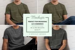 Man in green t-shirt mockup on blue chair white wall Product Image 1