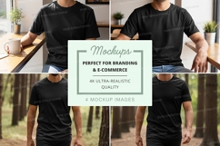 Black t-shirt mockup on men in cafe lifestyle scene Product Image 1