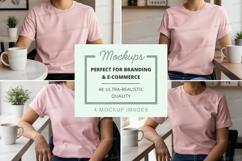 Pink t-shirt mockup woman holding black bar minimalist home Product Image 1