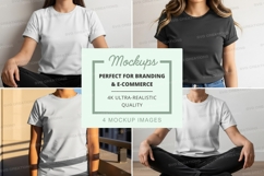 Woman t-shirt mockup sitting white minimalist studio Product Image 1