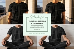 Black t-shirt mockup man meditating indoors minimalist Product Image 1