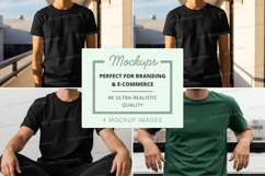 Man black t-shirt mockup outdoor wooden deck lifestyle Product Image 1