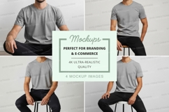 Man in gray t-shirt mockup sitting on stool white background Product Image 1