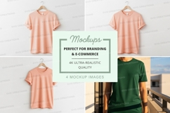Minimalist t-shirt mockup on wooden hanger pastel background Product Image 1