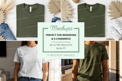 Green t-shirt mockup on hanger with denim jeans and palm lea Product Image 1