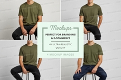 Man in green t-shirt mockup on stool white background Product Image 1