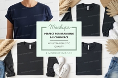 Black t-shirt mockup on model and flat lay minimalist displa Product Image 1