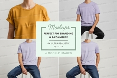 T-shirt mockup front back crouching pose white wall Product Image 1