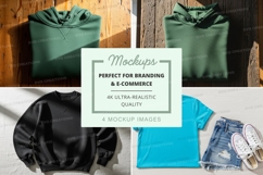 Clothing mockup set on wooden background with tee jeans bag Product Image 1