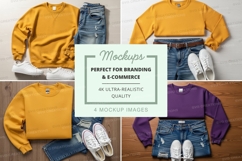 Clothing mockup set with jeans and sneakers on wood Product Image 1