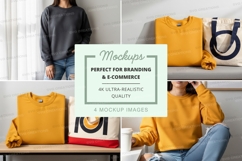 Woman with yellow tote bag mockup on shelf lifestyle Product Image 1