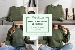 Woman wearing green sweater mockup on shelf with tote bag Product Image 1