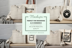 Minimalist tote bag mockup set on wooden shelf Product Image 1